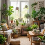 Bright and cozy living room filled with various indoor plants, including snake plants, monstera, and ferns, complemented by wooden furniture, botanical prints, and natural textures, creating a lush and refreshing interior.