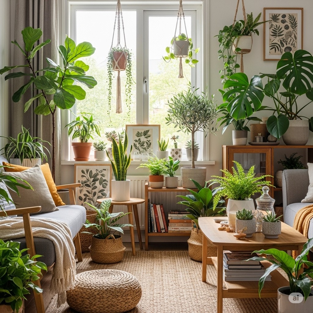 Bright and cozy living room filled with various indoor plants, including snake plants, monstera, and ferns, complemented by wooden furniture, botanical prints, and natural textures, creating a lush and refreshing interior.