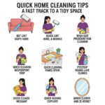 Illustrated infographic showing quick home cleaning tips with cartoon characters using lint rollers, spray bottles, and cloths to clean furniture, mirrors, and sinks.