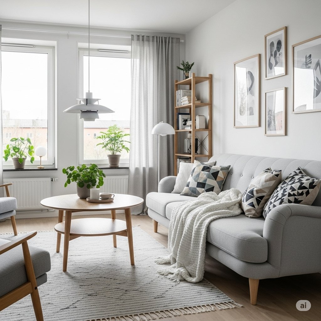 A cozy Scandinavian-style living room featuring a light gray sofa with geometric cushions, a wooden coffee table with a plant, soft curtains, framed minimalist art, and natural light filling the space.