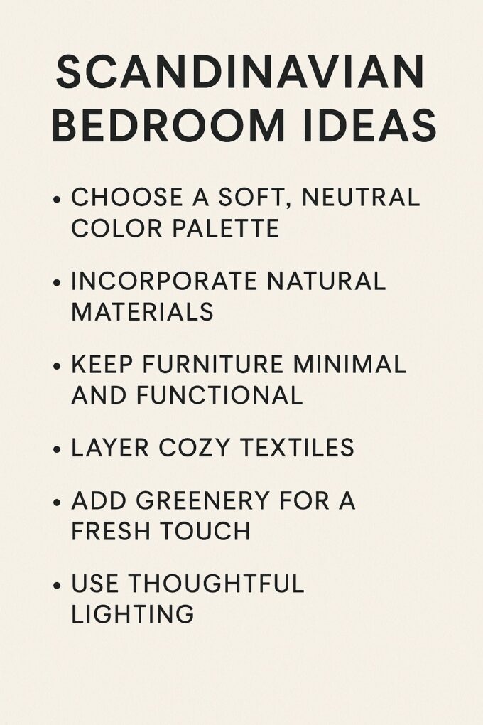 Minimal graphic listing six Scandinavian bedroom ideas on a soft beige background, including neutral color palettes, natural materials, minimal furniture, layered textiles, greenery, and thoughtful lighting.