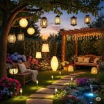 A beautifully illuminated summer garden at sunset featuring hanging lanterns, floor lamps, string lights on a pergola, and solar pathway lights surrounded by vibrant flowers and lush greenery.