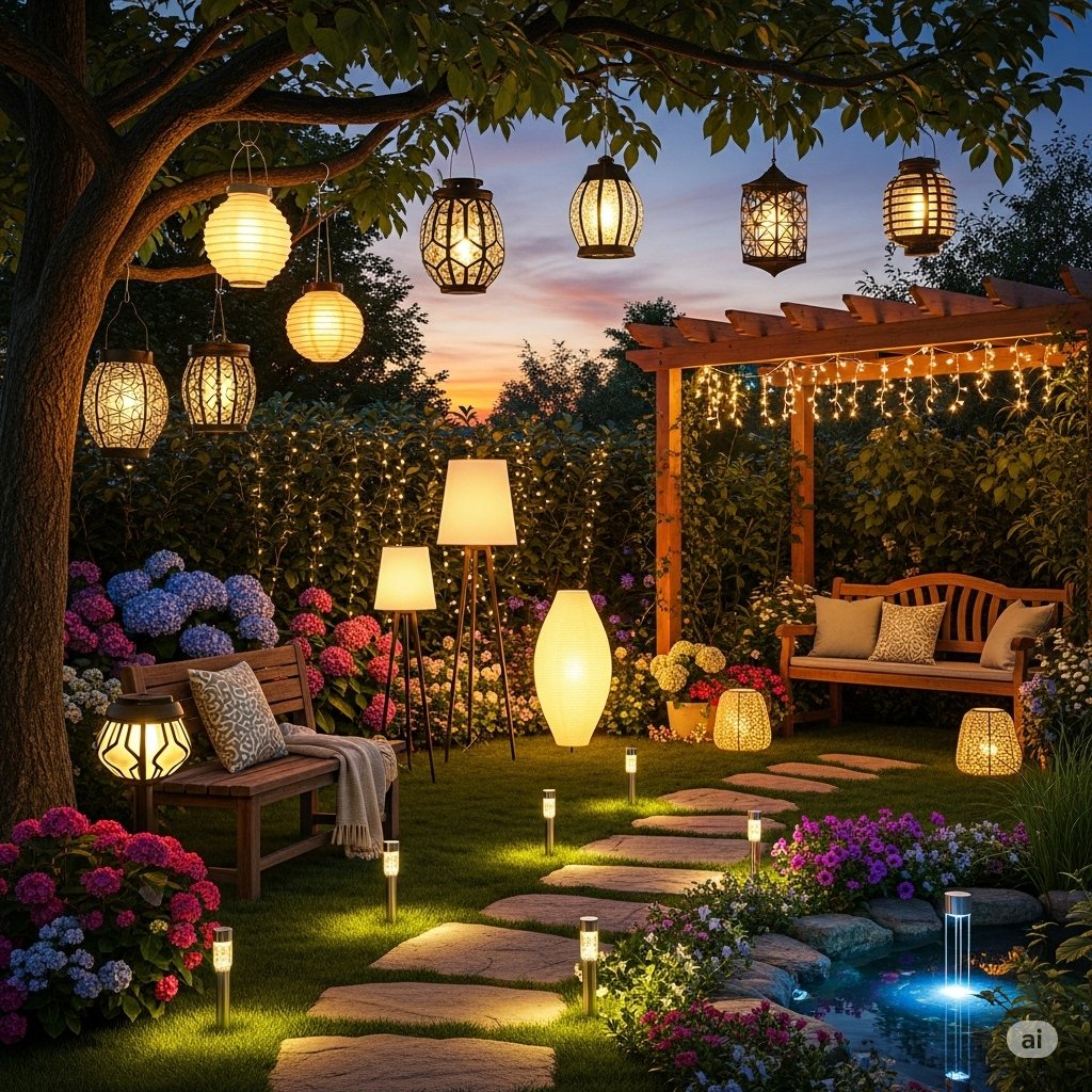A beautifully illuminated summer garden at sunset featuring hanging lanterns, floor lamps, string lights on a pergola, and solar pathway lights surrounded by vibrant flowers and lush greenery.