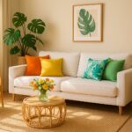 A bright summer-themed living room with a white sofa decorated with colorful cushions, a rattan chair and table, green plants, and a warm, sunlit atmosphere.