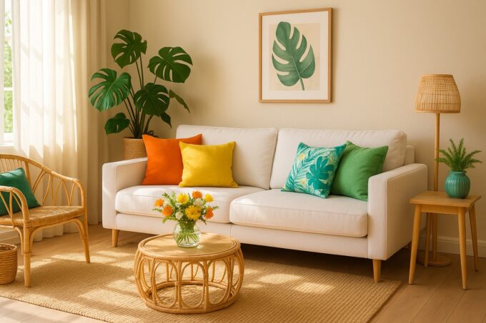 A bright summer-themed living room with a white sofa decorated with colorful cushions, a rattan chair and table, green plants, and a warm, sunlit atmosphere.