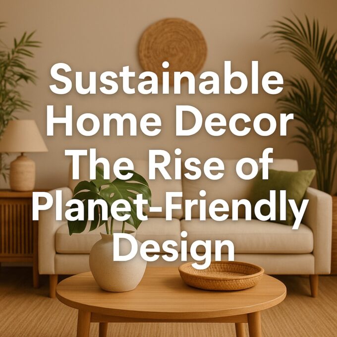 A cozy, sustainable living room with a beige sofa, wooden coffee table, potted plants, and eco-friendly decor, highlighted by text reading "Sustainable Home Decor: The Rise of Planet-Friendly Design".