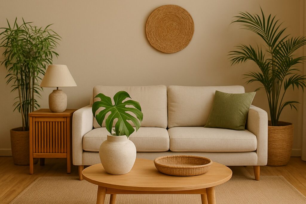 A serene eco-friendly living room with a beige sofa, wooden coffee table, potted Monstera and palm plants, and natural decor accents.