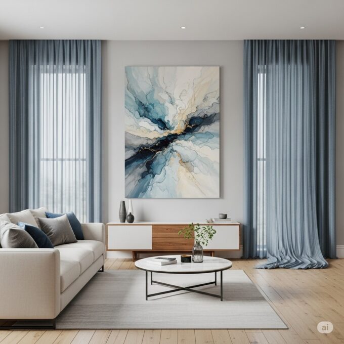 Modern living room featuring a large abstract wall art in blue and beige tones, perfectly harmonized with sheer blue curtains and minimalist decor.