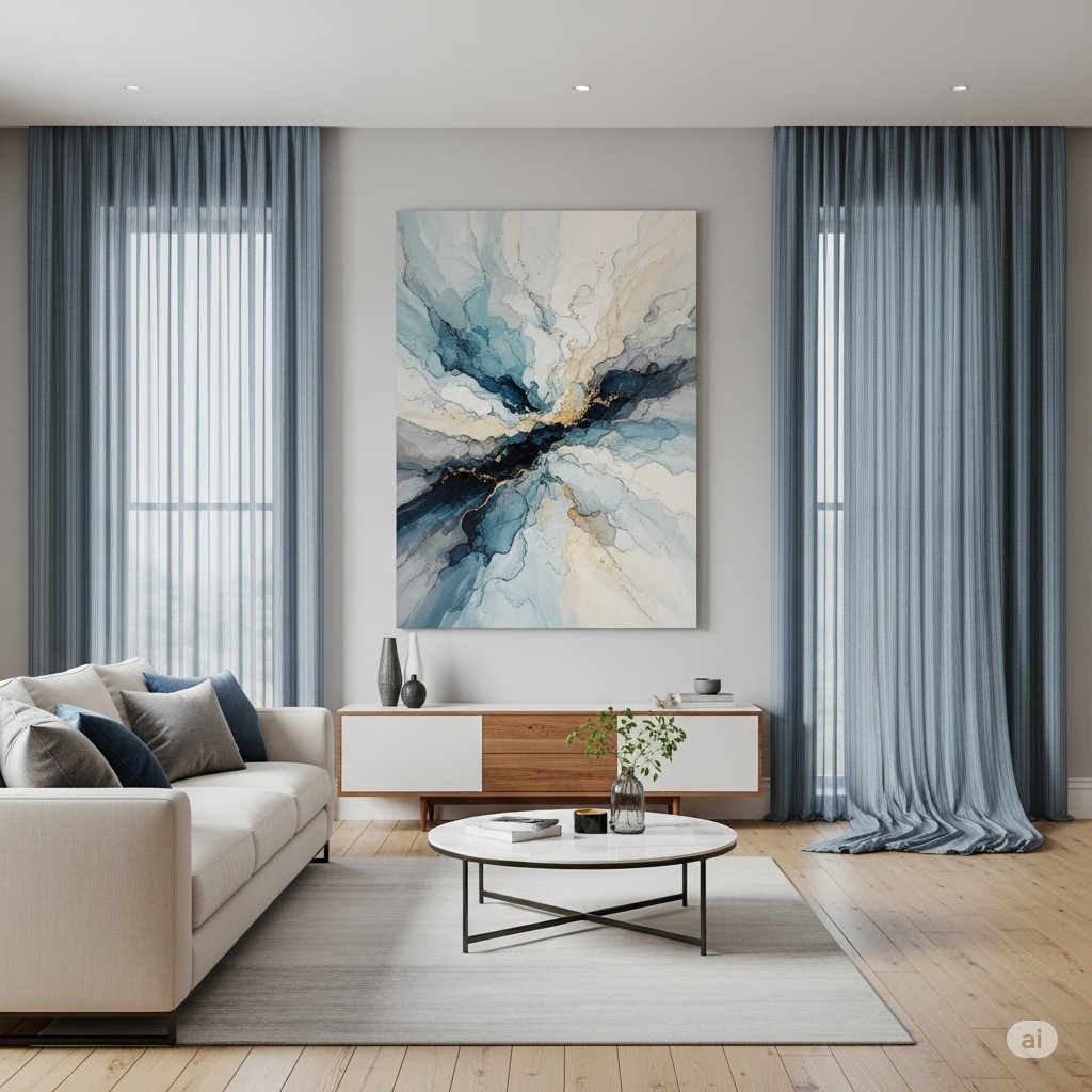 Modern living room featuring a large abstract wall art in blue and beige tones, perfectly harmonized with sheer blue curtains and minimalist decor.