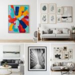 Modern living room with colorful abstract wall art above a sofa