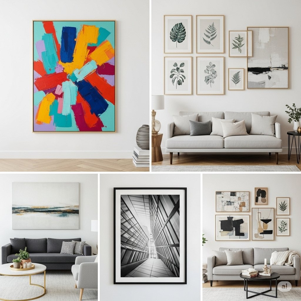 Modern living room with colorful abstract wall art above a sofa