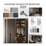 Modern wardrobe design collage for bedrooms in 2025, featuring eco-friendly materials, smart internal storage, and integrated LED lighting.