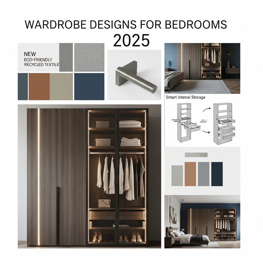 Modern wardrobe design collage for bedrooms in 2025, featuring eco-friendly materials, smart internal storage, and integrated LED lighting.