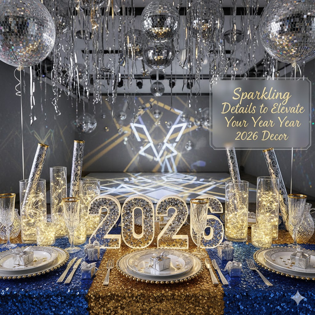 Elegant New Year 2026 table setup with gold and blue sequin tablecloths, crystal glasses, fairy lights, and silver disco balls creating a festive party atmosphere.