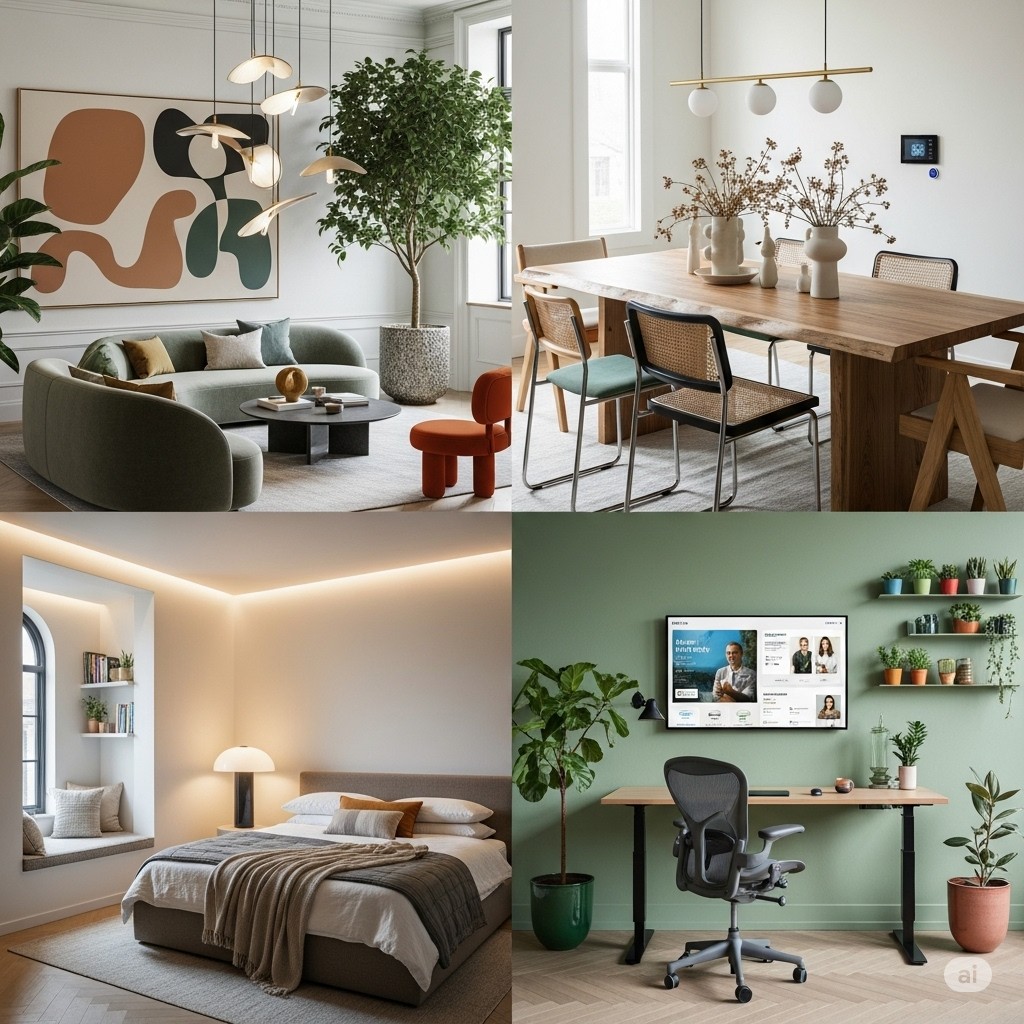 Modern 2025 home decoration ideas including a stylish living room with earthy tones, a wooden dining area, a cozy bedroom with soft lighting, and a functional home office with green accents and indoor plants.