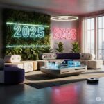 Modern 2025 home decoration ideas including a stylish living room with earthy tones, a wooden dining area, a cozy bedroom with soft lighting, and a functional home office with green accents and indoor plants.