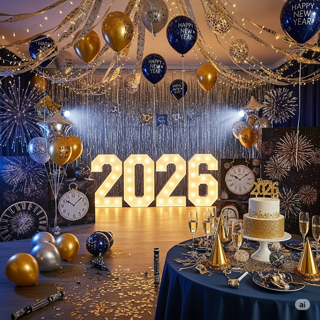 Elegant New Year 2026 celebration with illuminated 2026 numbers, golden and blue balloons, fireworks backdrop, and a festive dining table with champagne glasses and cake.