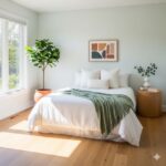 Minimalist and fresh bedroom with white bedding, green throw blanket, indoor plant, and natural light creating an airy atmosphere.