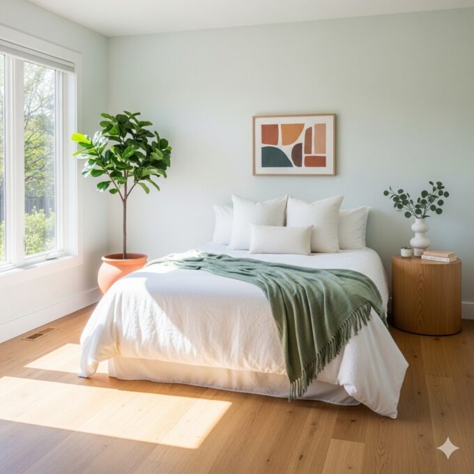 Minimalist and fresh bedroom with white bedding, green throw blanket, indoor plant, and natural light creating an airy atmosphere.