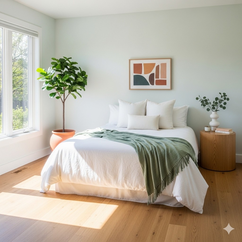 Minimalist and fresh bedroom with white bedding, green throw blanket, indoor plant, and natural light creating an airy atmosphere.
