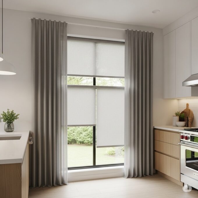 A modern kitchen interior featuring light gray roller blinds combined with sheer curtains, creating a stylish and functional window treatment.
