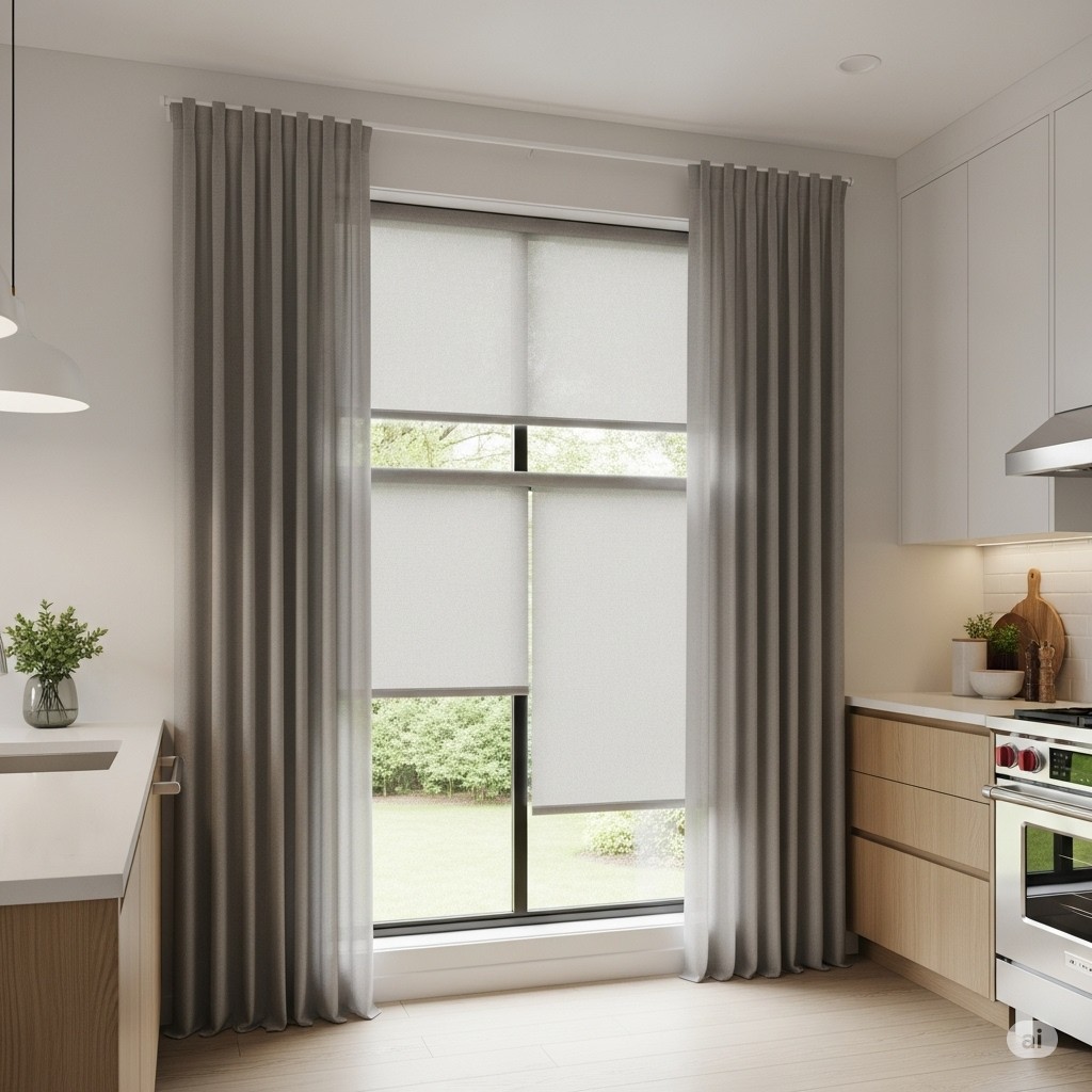 A modern kitchen interior featuring light gray roller blinds combined with sheer curtains, creating a stylish and functional window treatment.