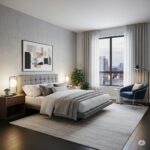 Modern bedroom interior featuring a gray upholstered bed, abstract wall art, wooden nightstands with modern lamps, a large window with city view, and a blue accent chair.