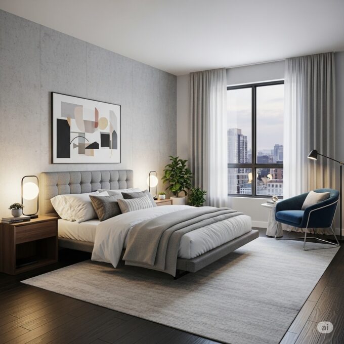 Modern bedroom interior featuring a gray upholstered bed, abstract wall art, wooden nightstands with modern lamps, a large window with city view, and a blue accent chair.