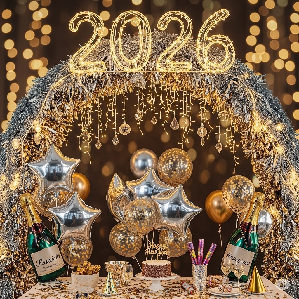 Festive New Year 2026 party table decorated with golden balloons, silver star-shaped balloons, champagne bottles, and a glowing arch with fairy lights.