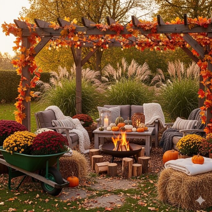 Cozy autumn garden decorated with pumpkins, mums, hay bales, and a fire pit under a wooden pergola wrapped in orange fall leaves and string lights.