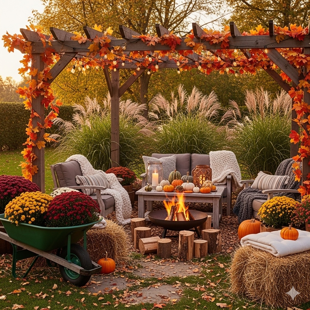 Cozy autumn garden decorated with pumpkins, mums, hay bales, and a fire pit under a wooden pergola wrapped in orange fall leaves and string lights.