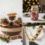 Budget-friendly Christmas decorations with DIY pinecone ornaments, mason jar lights with cranberries, and a popcorn garland on a festive mantel.