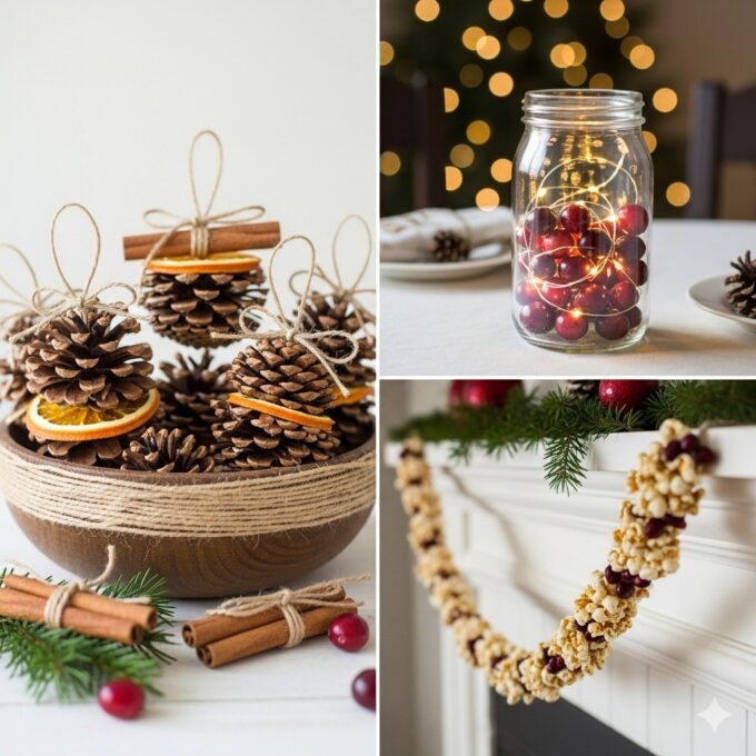 Budget-friendly Christmas decorations with DIY pinecone ornaments, mason jar lights with cranberries, and a popcorn garland on a festive mantel.
