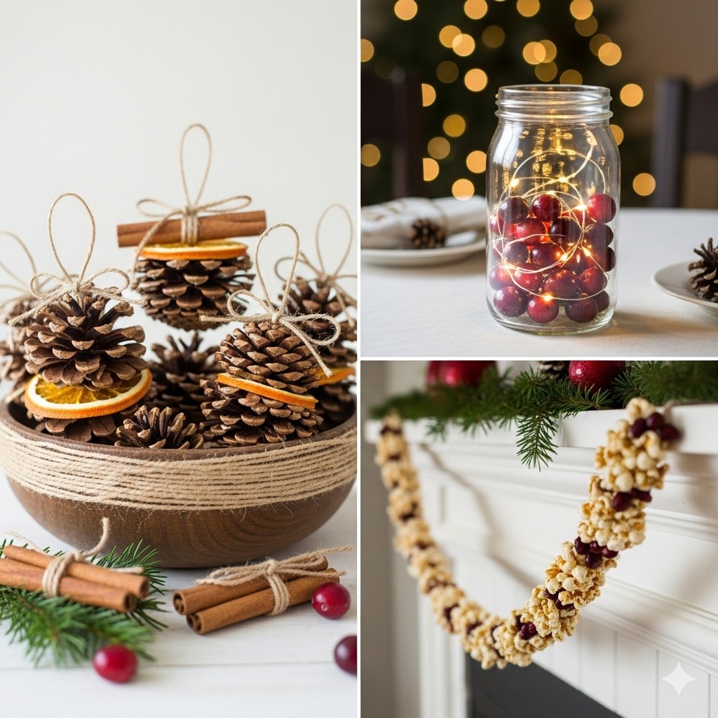 Budget-friendly Christmas decorations with DIY pinecone ornaments, mason jar lights with cranberries, and a popcorn garland on a festive mantel.