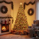 A beautifully decorated Christmas tree with red and gold ornaments, glowing lights, and wrapped gifts beneath, set beside a cozy fireplace with stockings and holiday wreaths.