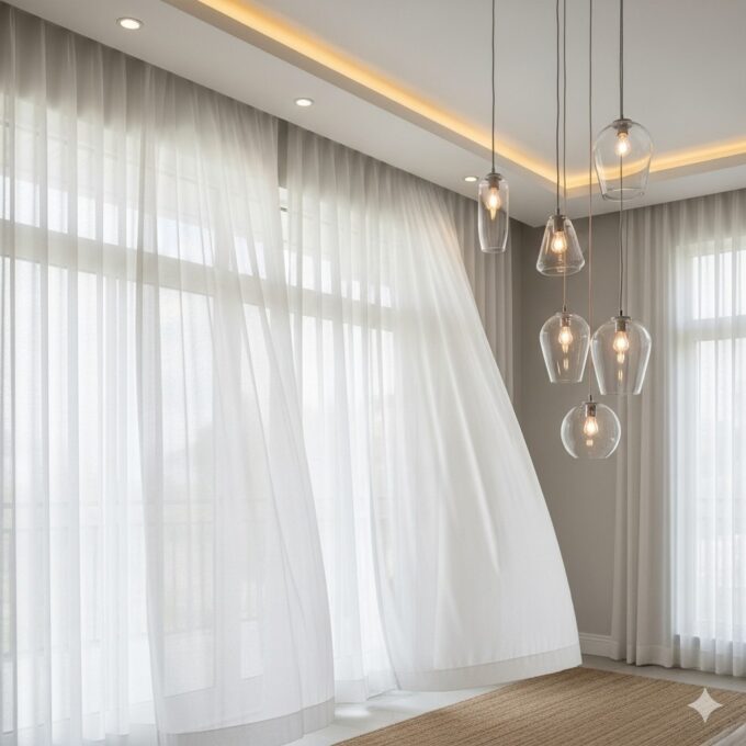 White sheer curtains combined with modern hanging glass pendant lights, creating an airy and elegant living space design.
