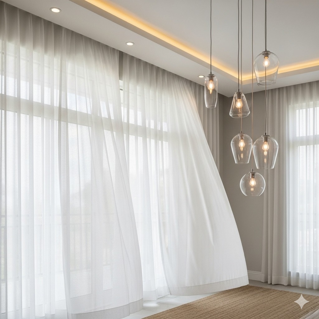 White sheer curtains combined with modern hanging glass pendant lights, creating an airy and elegant living space design.