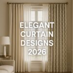 Elegant 2026 curtain design featuring floor-length beige drapes with subtle geometric patterns, framing a sunlit window in a modern living room with a neutral sofa and stylish lamp.
