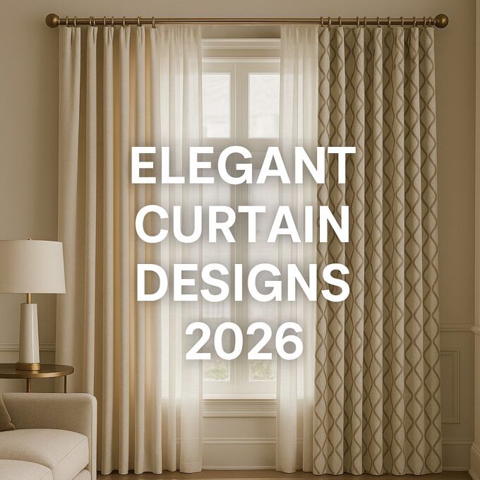 Elegant 2026 curtain design featuring floor-length beige drapes with subtle geometric patterns, framing a sunlit window in a modern living room with a neutral sofa and stylish lamp.