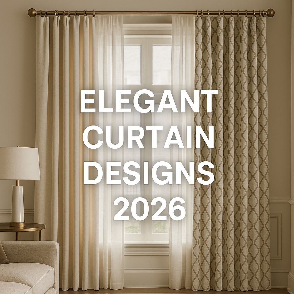 Elegant 2026 curtain design featuring floor-length beige drapes with subtle geometric patterns, framing a sunlit window in a modern living room with a neutral sofa and stylish lamp.
