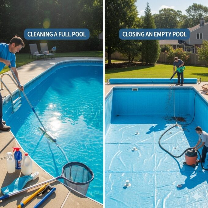 Side-by-side photo showing a man cleaning a full swimming pool with skimmer and vacuum on the left, and two people closing an empty pool by vacuuming debris and covering the surface on the right.