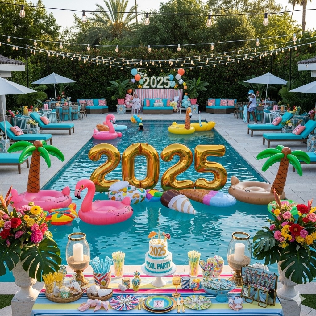 Colorful 2025 pool party home decoration with tropical floats, vibrant balloons, festive table setup, and stylish outdoor seating by the pool.