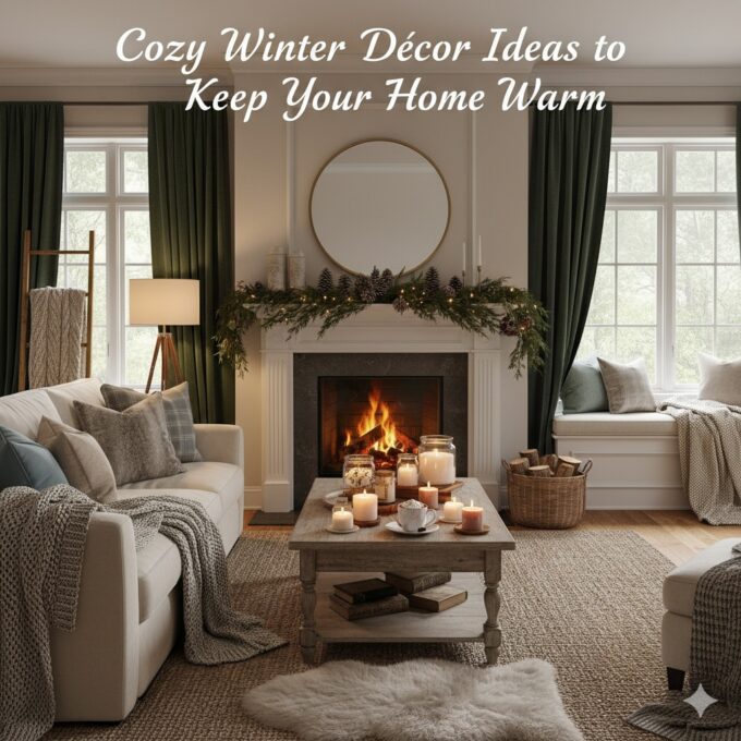 Cozy winter living room decorated with warm textiles, soft lighting, and natural elements for a comfortable and inviting home atmosphere.
