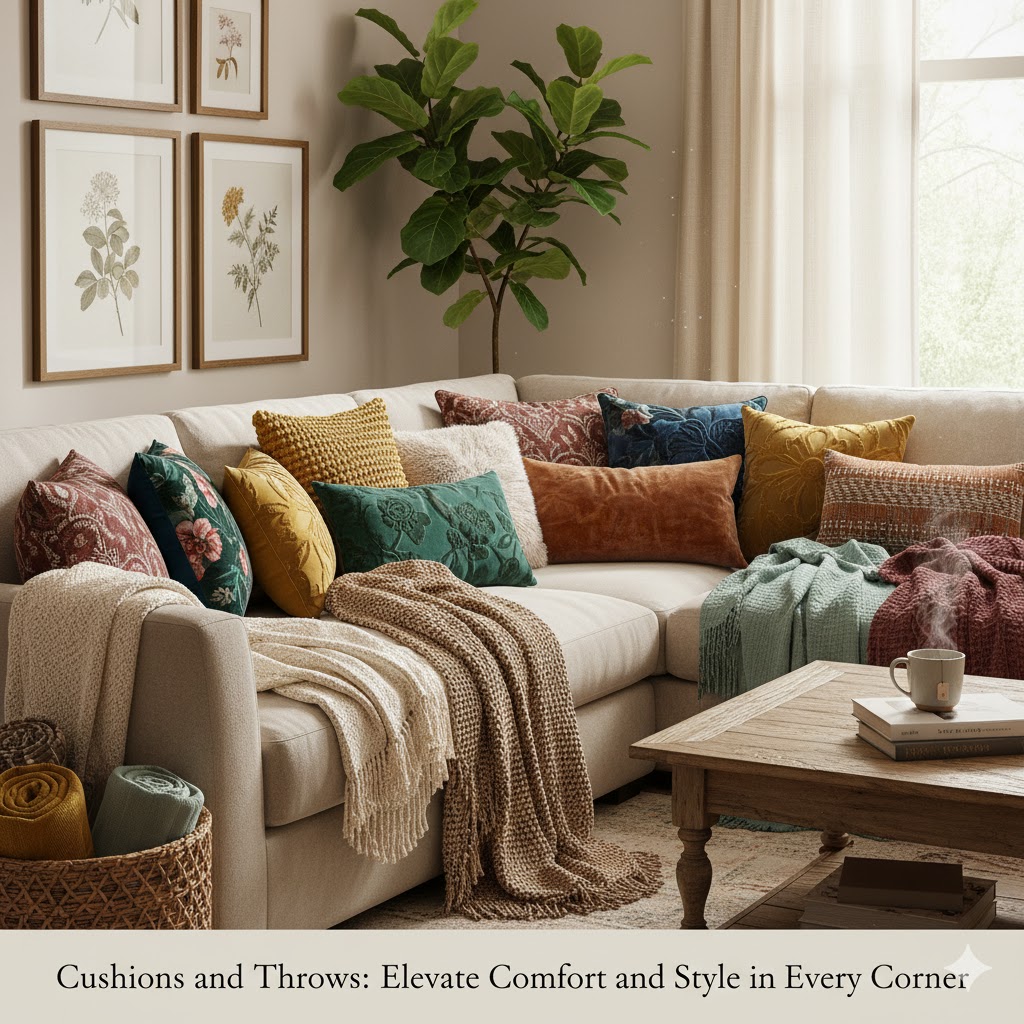 A cozy living room decorated with colorful cushions and knitted throws on a beige sofa, featuring natural textures, soft lighting, and modern botanical wall art.