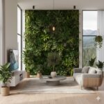 Modern living room decorated with lush indoor plants and greenery 2026 trends, featuring natural textures, sunlight, and sustainable decor elements.