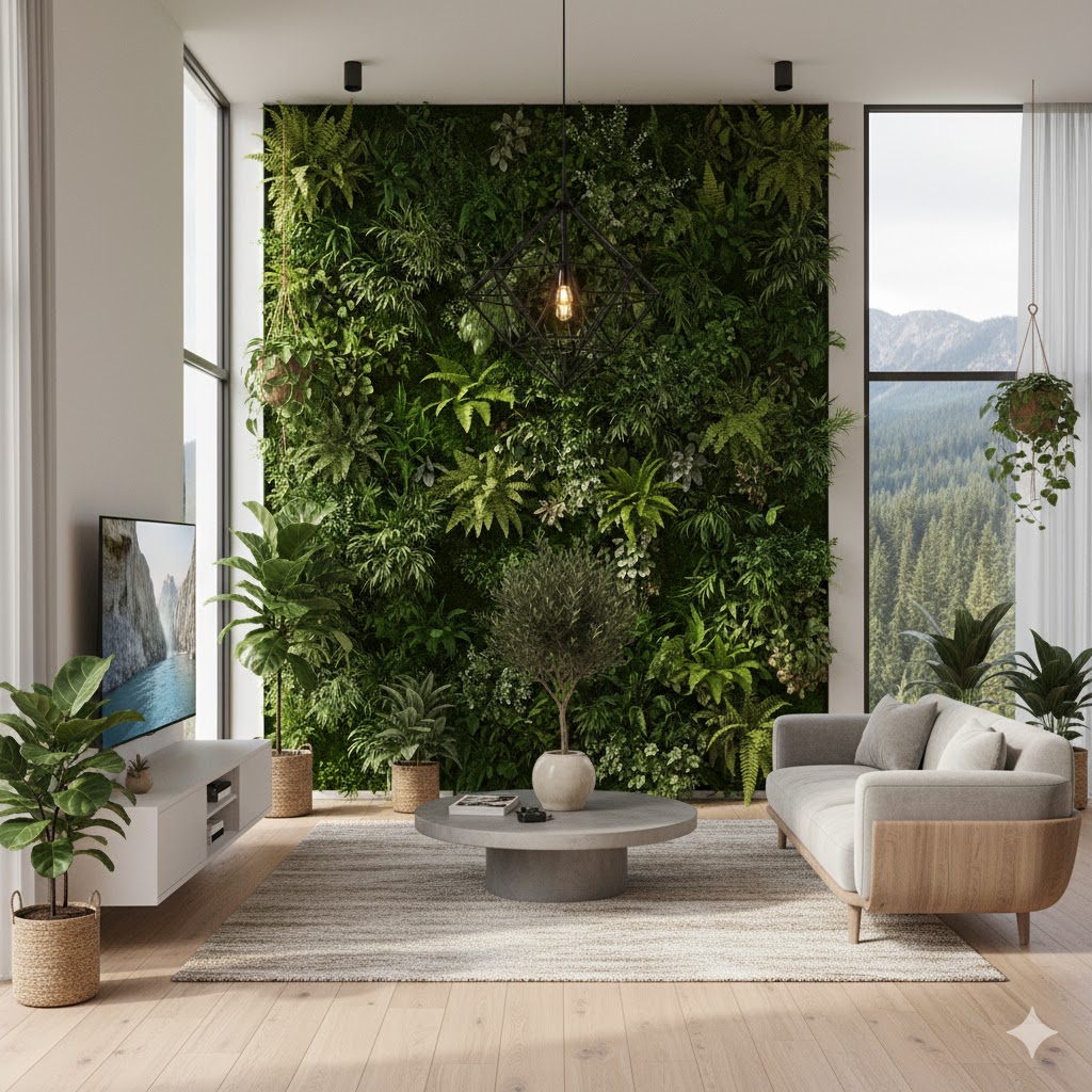 Modern living room decorated with lush indoor plants and greenery 2026 trends, featuring natural textures, sunlight, and sustainable decor elements.