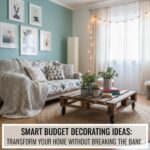 Cozy living room decorated on a budget with a pallet coffee table, patterned sofa, indoor plants, and string lights creating a warm and inviting atmosphere.