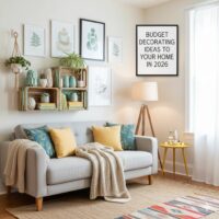 Budget decorating ideas 2026 with a cozy living room featuring a grey sofa, colorful cushions, rustic wooden shelves, and modern wall art for affordable home décor inspiration.