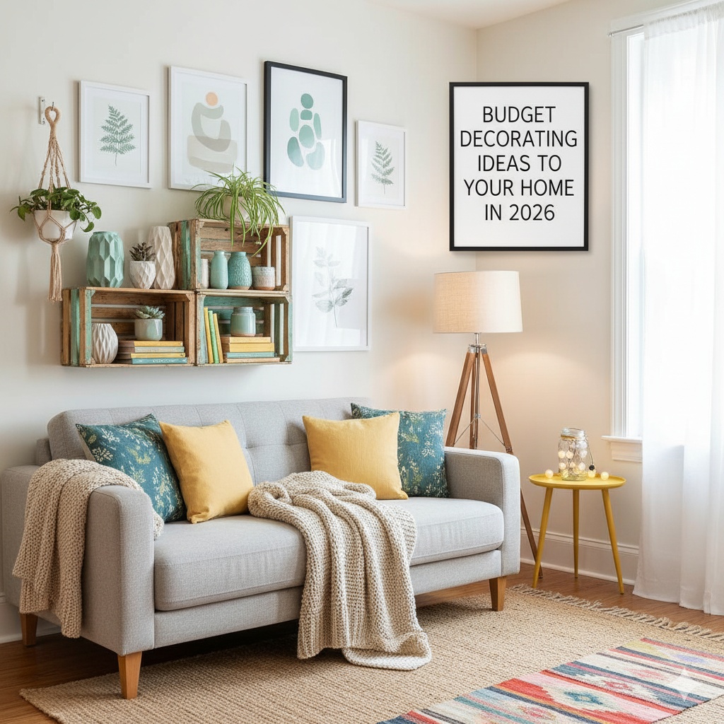 Budget decorating ideas 2026 with a cozy living room featuring a grey sofa, colorful cushions, rustic wooden shelves, and modern wall art for affordable home décor inspiration.