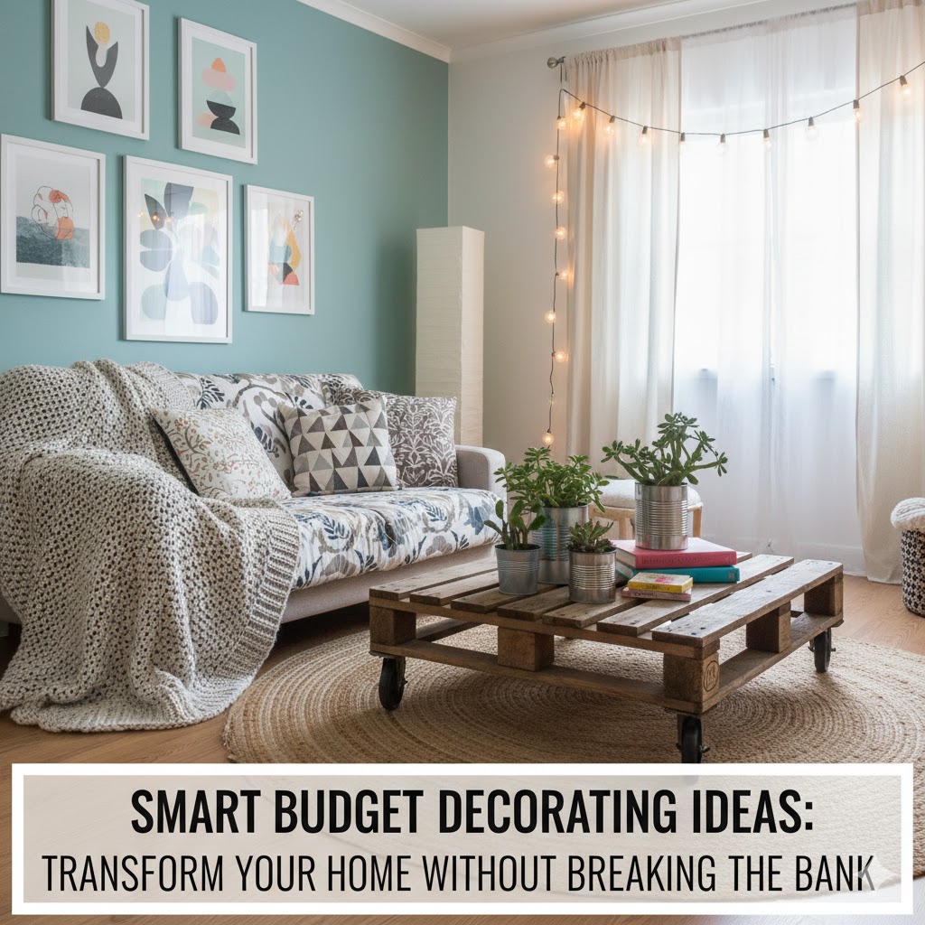 Cozy living room decorated on a budget with a pallet coffee table, patterned sofa, indoor plants, and string lights creating a warm and inviting atmosphere.